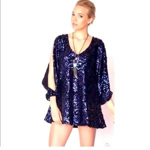 Lovers + Friends Blue Sequin Long Sleeve Mini Dress